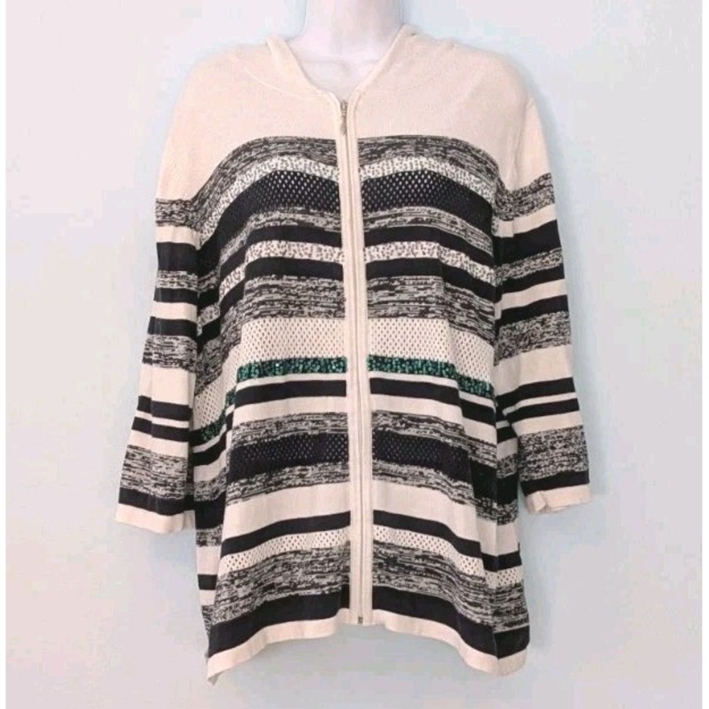 CJ Banks Zipped Hooded Cardigan Sweater 2X Open Knit & Sequin Accents 3/4 Sleeve
